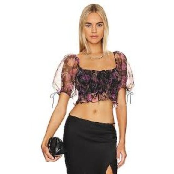 For Love & Lemons Sunshine Sheer Floral Puff Sleeve Crop Top Drawstring Detail - Picture 2 of 7